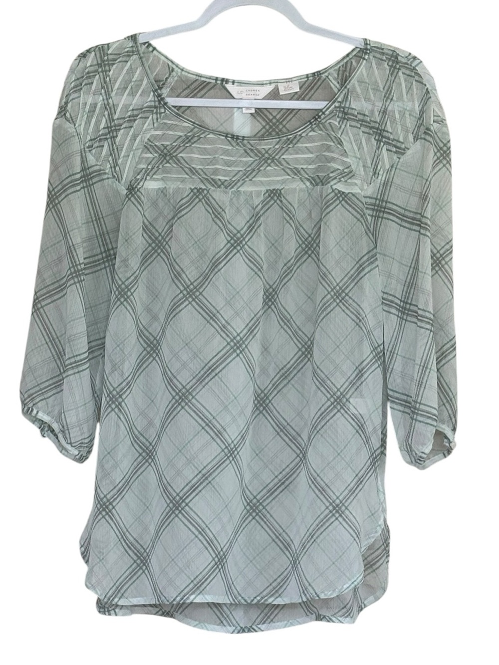 LC Lauren Conrad Green Plaid Peasant Sheer Blouse Shirt Size M